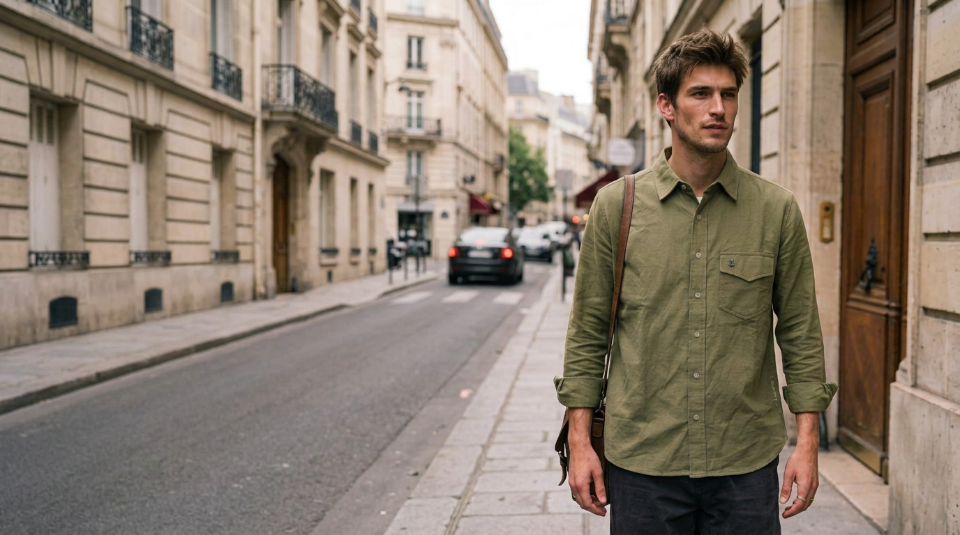 HENRO olive shirt styled on a city street